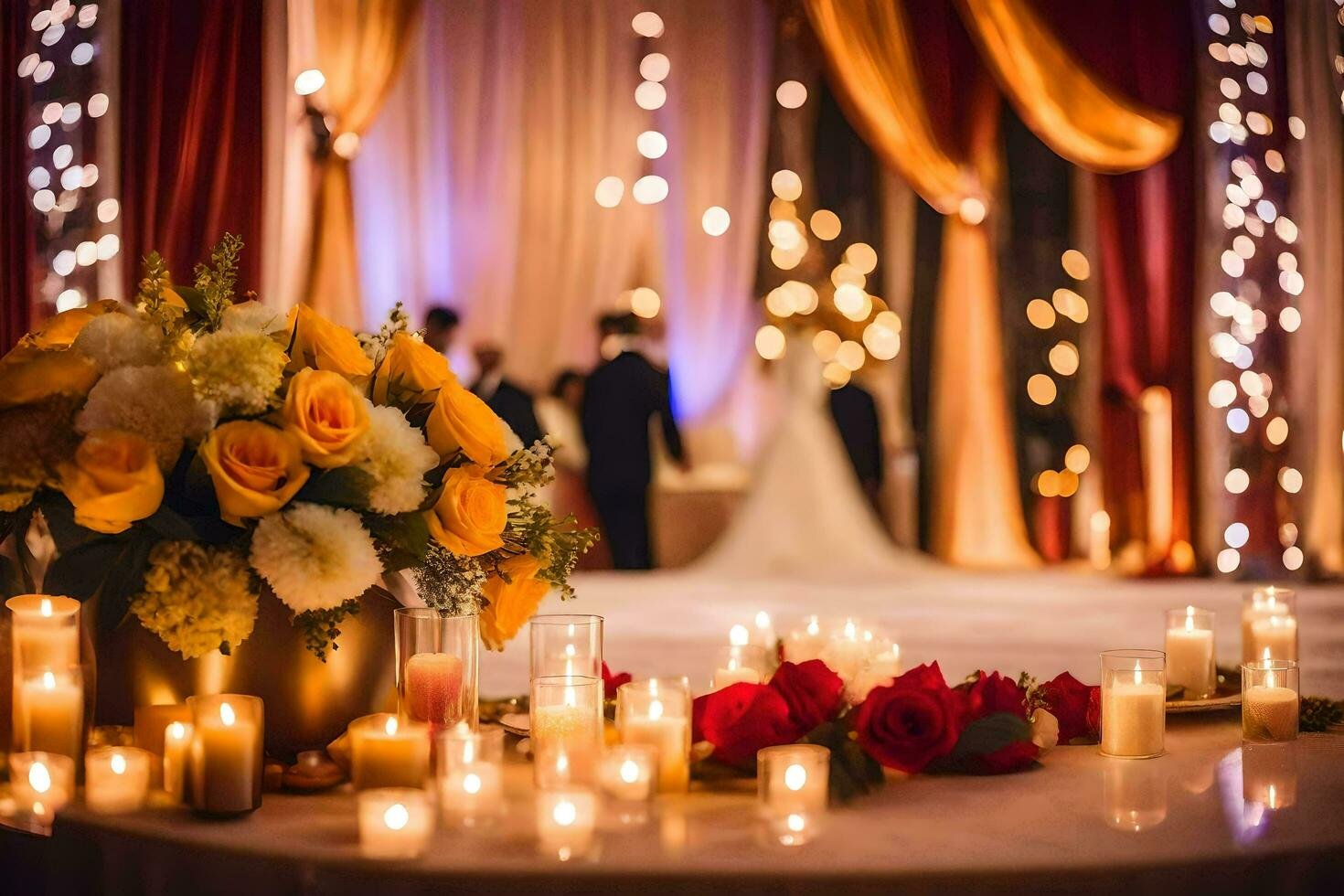 a wedding reception table with candles and flowers photo